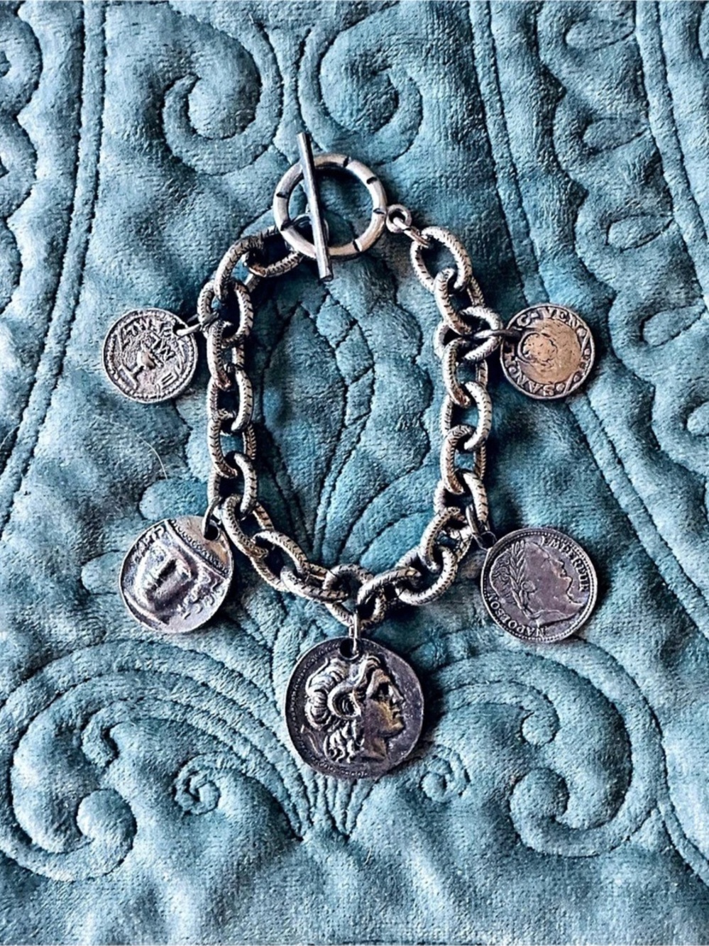 Vintage Silver Tone Link Chain Ancient Coins Charm Bracelet Toggle Clasp